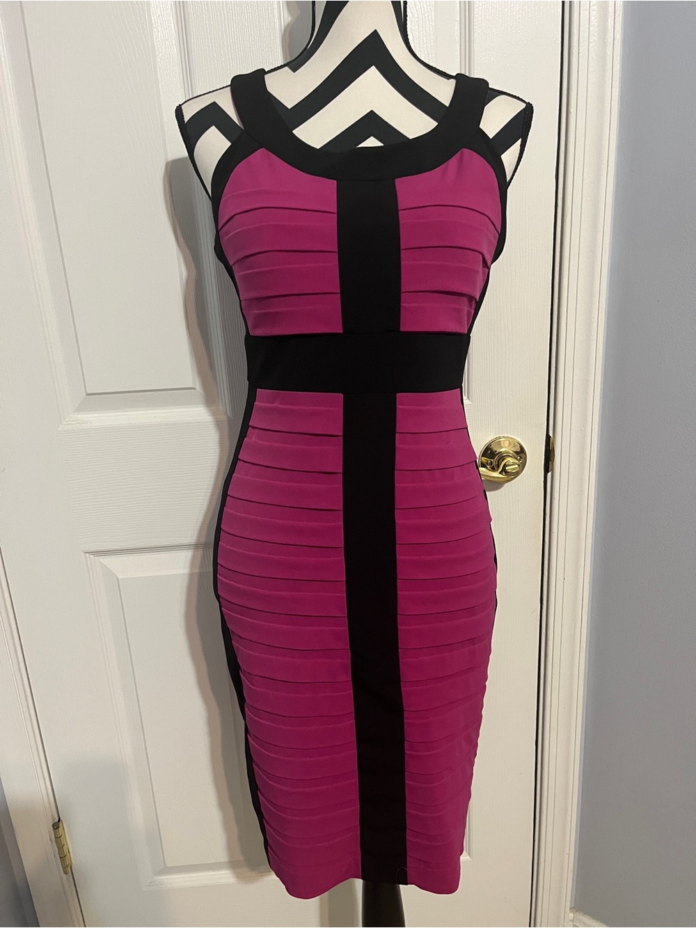 Jax,  Magenta Midi Dress with Black Paneling, fully lined